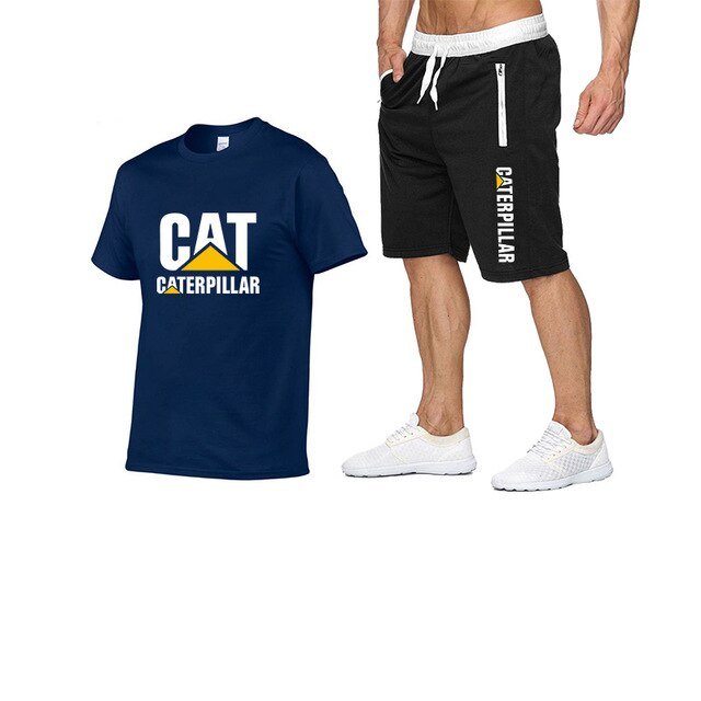 Printing Cat Caterpillar Logo Short-Sleeved Men's T-shirt + Pants Summer Fashion Men's Sports Suit - Starttech Online Market