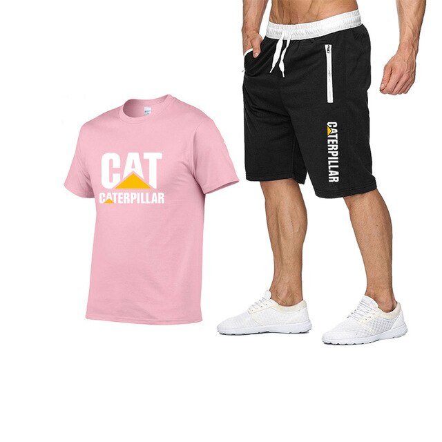 Printing Cat Caterpillar Logo Short-Sleeved Men's T-shirt + Pants Summer Fashion Men's Sports Suit - Starttech Online Market