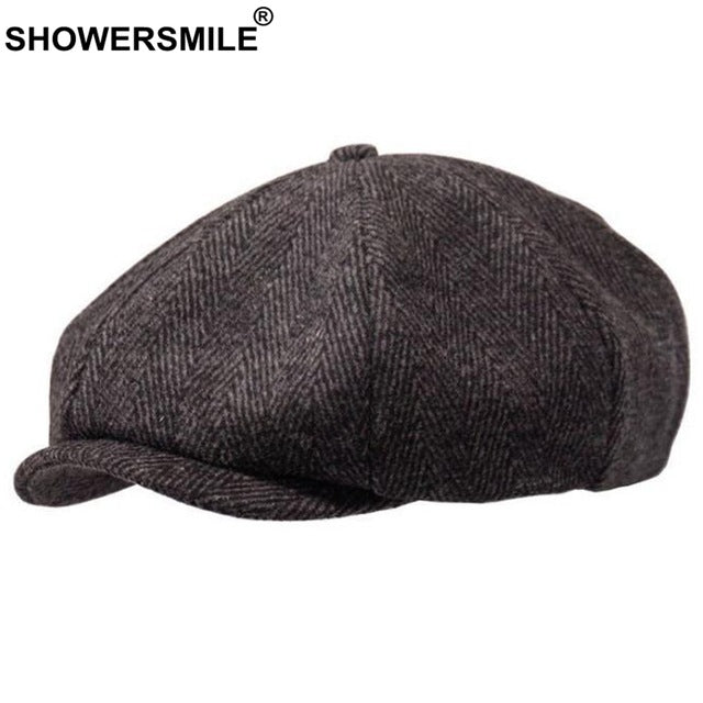 SHOWERSMILE Brand Wool Newsboy Caps Men Grey Herringbone Flat Caps Women Coffee British Gatsby Cap Autumn Winter Woolen Hats - Starttech Online Market