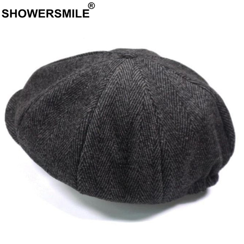 SHOWERSMILE Brand Wool Newsboy Caps Men Grey Herringbone Flat Caps Women Coffee British Gatsby Cap Autumn Winter Woolen Hats - Starttech Online Market