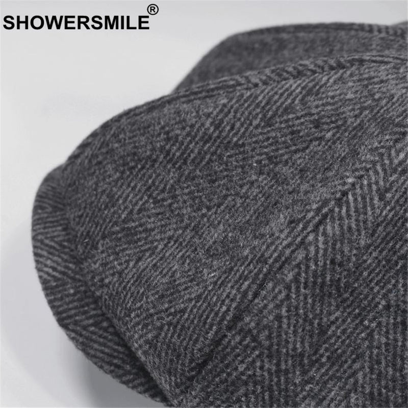 SHOWERSMILE Brand Wool Newsboy Caps Men Grey Herringbone Flat Caps Women Coffee British Gatsby Cap Autumn Winter Woolen Hats - Starttech Online Market