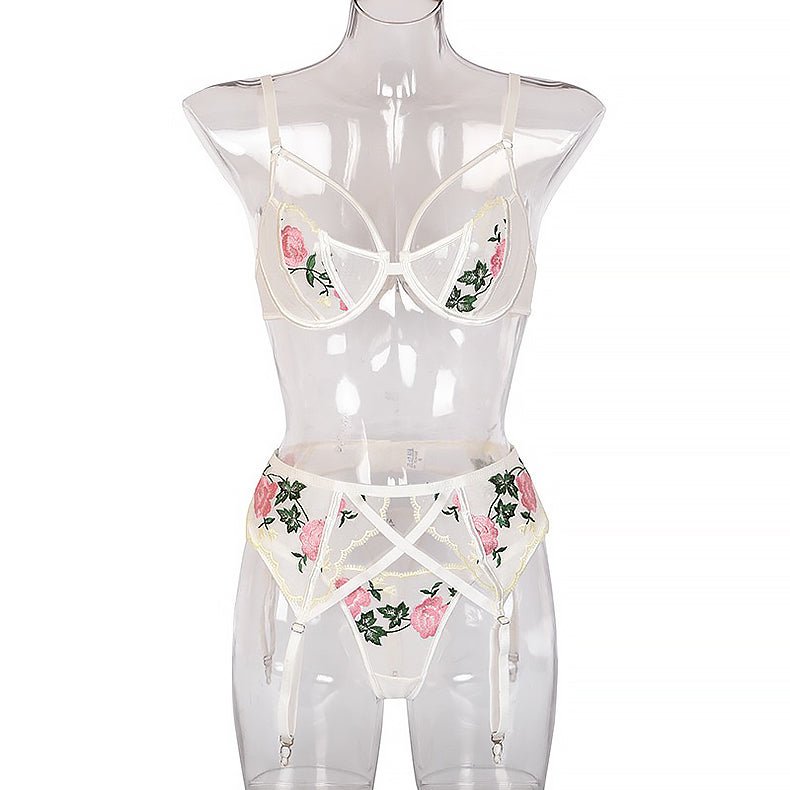 Three-Piece Garter Set With Embroidered Flowers And Steel Ring - Starttech Online Market