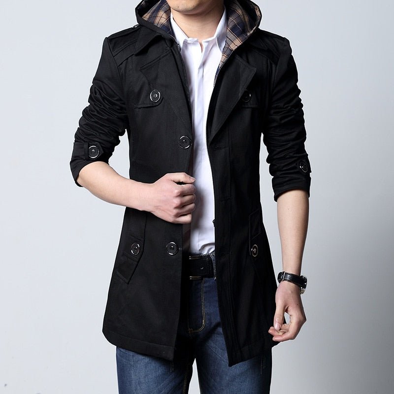 Trench Fashion Outwear Long Coat Men's Clothing Slim Fit Black and khaki - Starttech Online Market