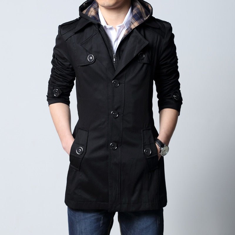 Trench Fashion Outwear Long Coat Men's Clothing Slim Fit Black and khaki - Starttech Online Market