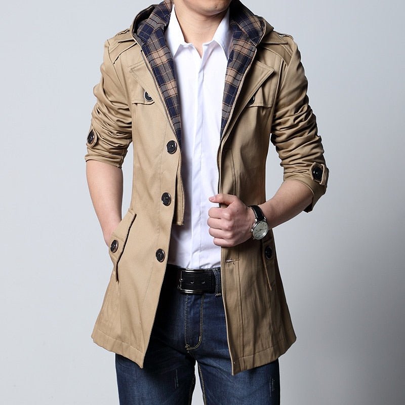 Trench Fashion Outwear Long Coat Men's Clothing Slim Fit Black and khaki - Starttech Online Market