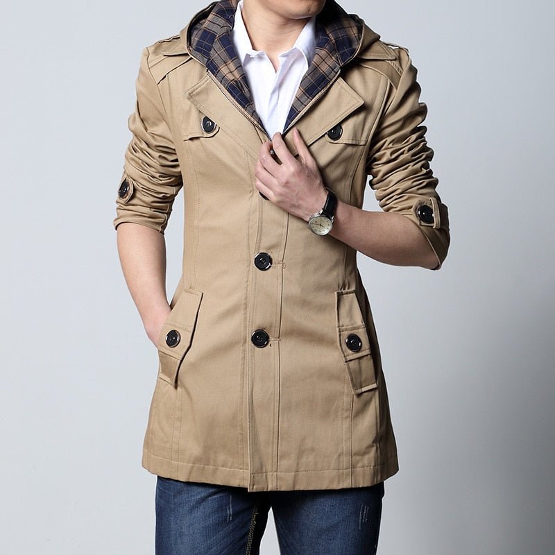 Trench Fashion Outwear Long Coat Men's Clothing Slim Fit Black and khaki - Starttech Online Market