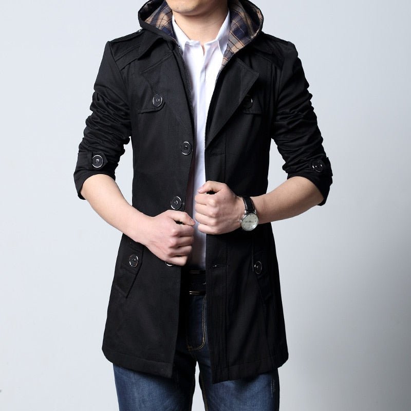 Trench Fashion Outwear Long Coat Men's Clothing Slim Fit Black and khaki - Starttech Online Market