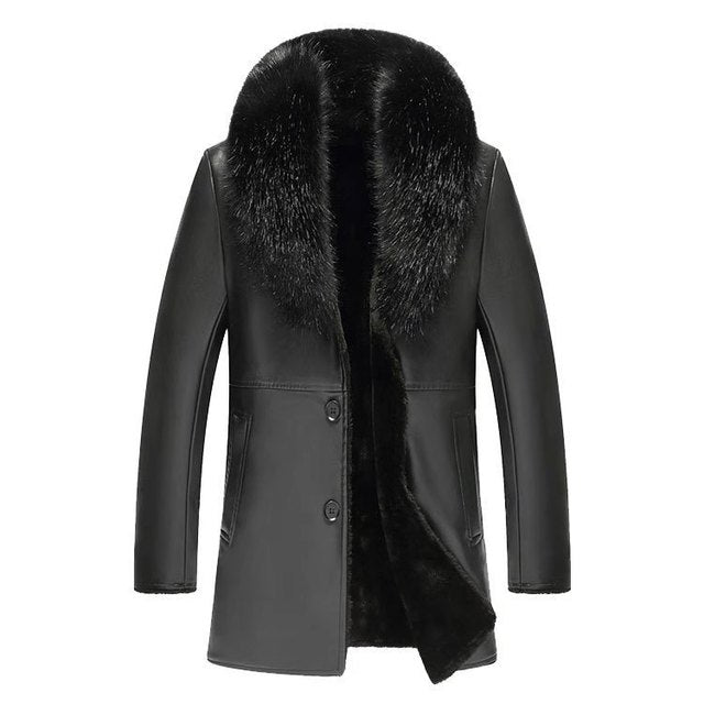 Winter Faux Fur Collar PU Leather Men's Velvet Thick Warm Fluffy Coat - Starttech Online Market