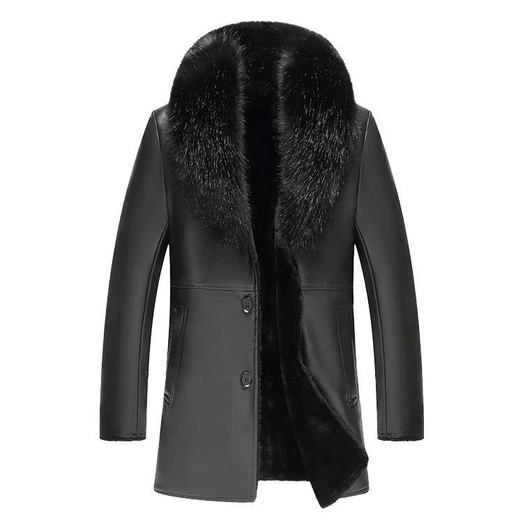 Winter Faux Fur Collar PU Leather Men's Velvet Thick Warm Fluffy Coat - Starttech Online Market