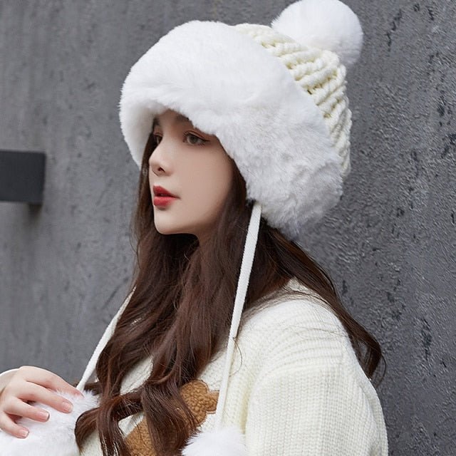 Women Russian Warm Faux Fur Knit Beanie with Ear-flap Pompom - Starttech Online Market