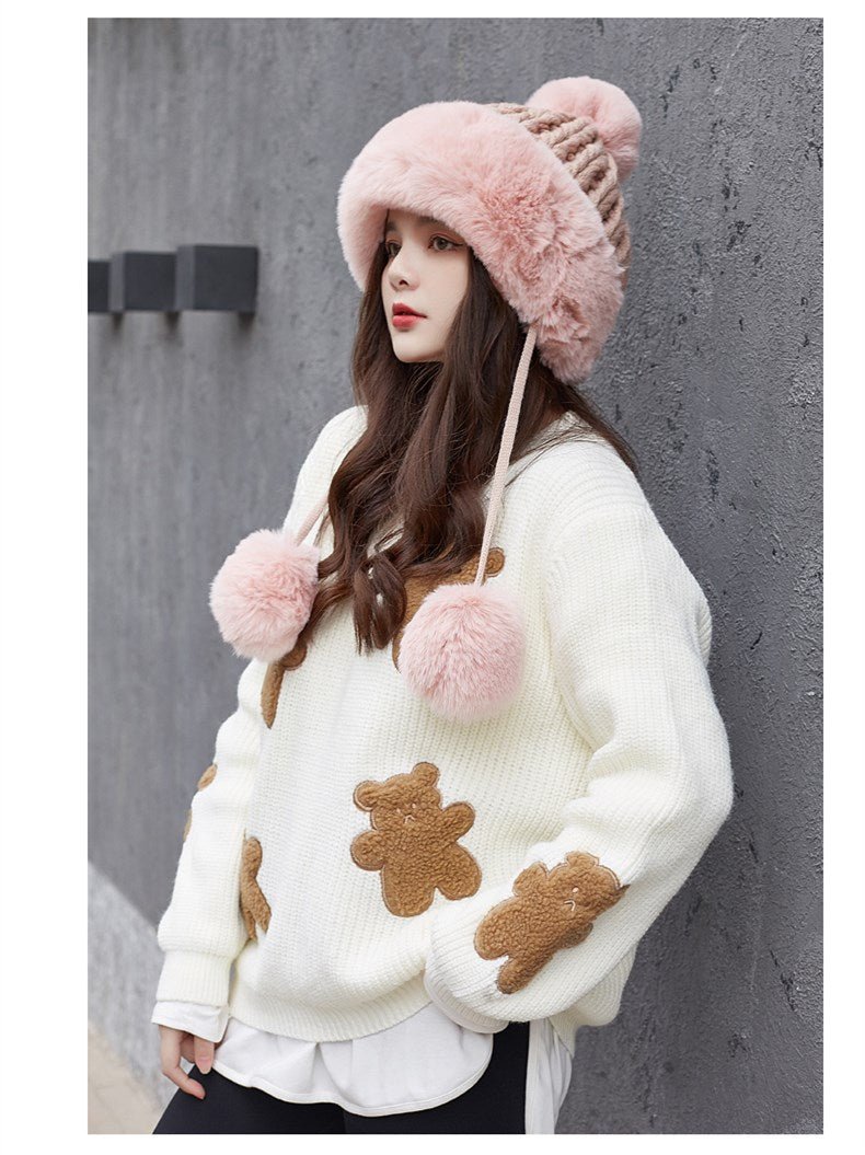 Women Russian Warm Faux Fur Knit Beanie with Ear-flap Pompom - Starttech Online Market