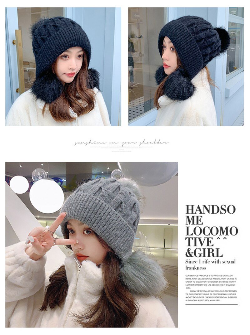 Women Winter Peruvian Beanie Hat Ski Cap Fleece Lined Ear Flaps Hats With Rabbit Fur Pompoms - Starttech Online Market