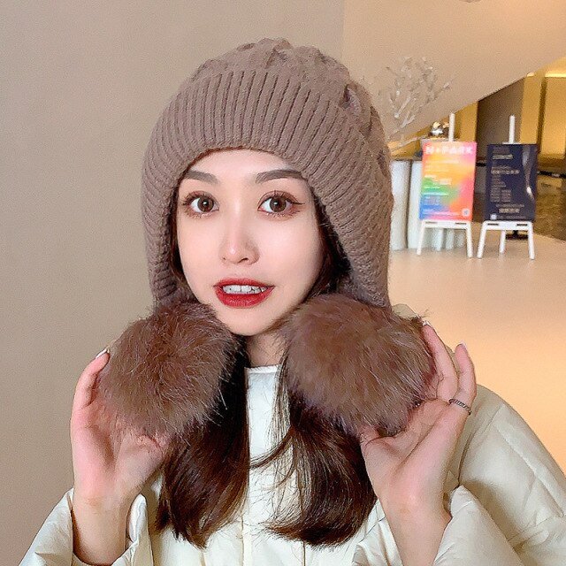 Women Winter Peruvian Beanie Hat Ski Cap Fleece Lined Ear Flaps Hats With Rabbit Fur Pompoms - Starttech Online Market