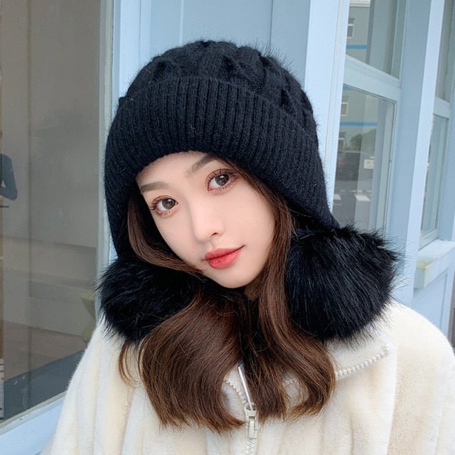 Women Winter Peruvian Beanie Hat Ski Cap Fleece Lined Ear Flaps Hats With Rabbit Fur Pompoms - Starttech Online Market