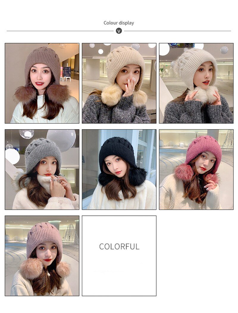 Women Winter Peruvian Beanie Hat Ski Cap Fleece Lined Ear Flaps Hats With Rabbit Fur Pompoms - Starttech Online Market