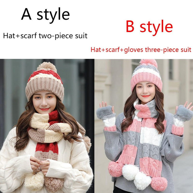 Women's Warm Winter Knitted Beanies Hat+Scarf+Gloves Three Piece Suit Bonnet Beanie Caps - Starttech Online Market