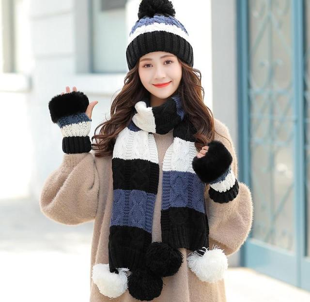 Women's Warm Winter Knitted Beanies Hat+Scarf+Gloves Three Piece Suit Bonnet Beanie Caps - Starttech Online Market