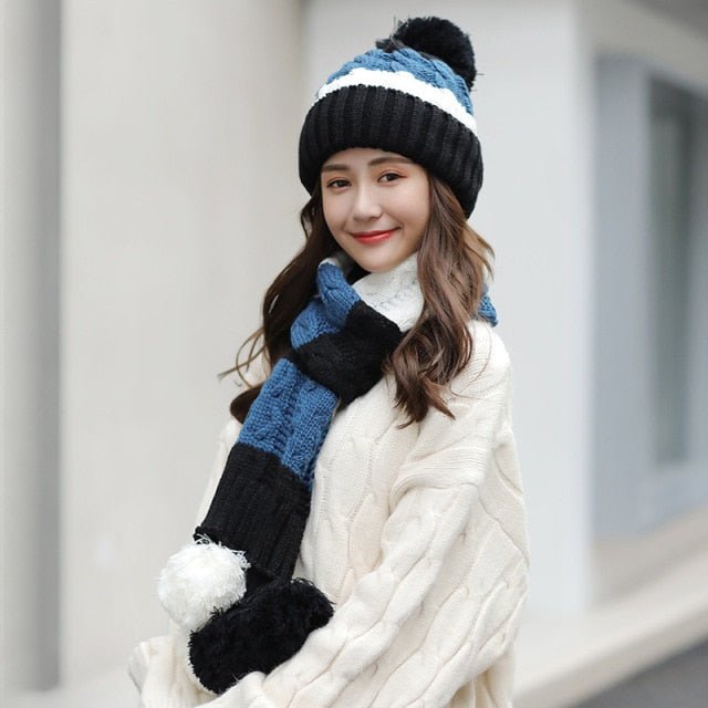 Women's Warm Winter Knitted Beanies Hat+Scarf+Gloves Three Piece Suit Bonnet Beanie Caps - Starttech Online Market