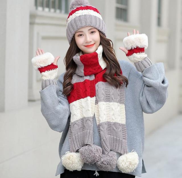 Women's Warm Winter Knitted Beanies Hat+Scarf+Gloves Three Piece Suit Bonnet Beanie Caps - Starttech Online Market