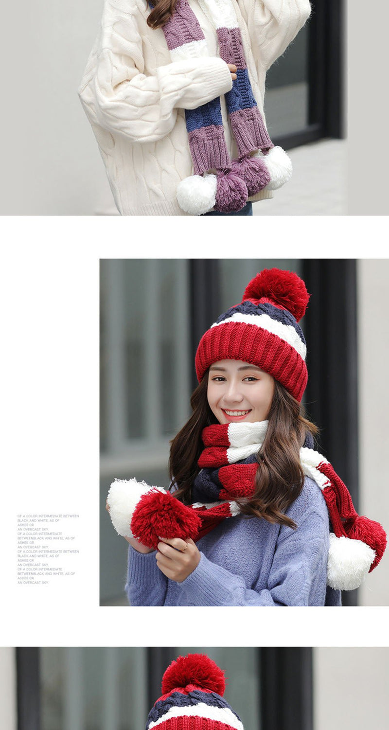 Women's Warm Winter Knitted Beanies Hat+Scarf+Gloves Three Piece Suit Bonnet Beanie Caps - Starttech Online Market