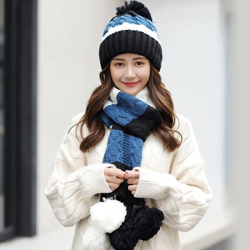 Women's Warm Winter Knitted Beanies Hat+Scarf+Gloves Three Piece Suit Bonnet Beanie Caps - Starttech Online Market