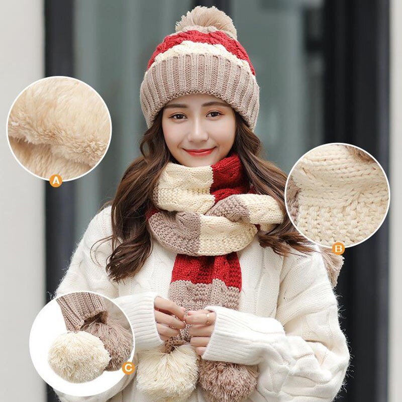 Women's Warm Winter Knitted Beanies Hat+Scarf+Gloves Three Piece Suit Bonnet Beanie Caps - Starttech Online Market