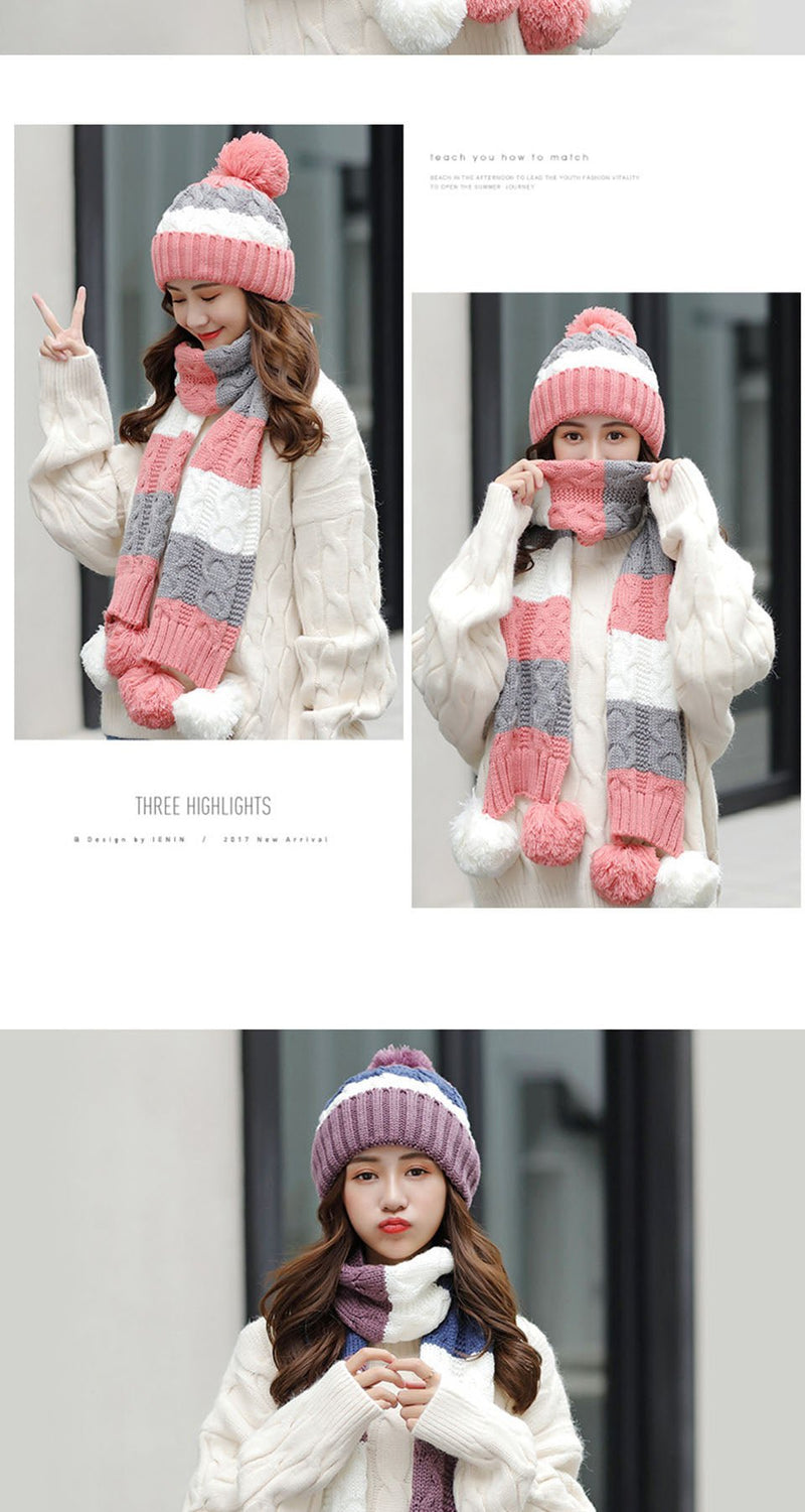 Women's Warm Winter Knitted Beanies Hat+Scarf+Gloves Three Piece Suit Bonnet Beanie Caps - Starttech Online Market