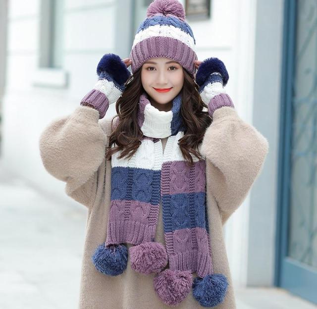 Women's Warm Winter Knitted Beanies Hat+Scarf+Gloves Three Piece Suit Bonnet Beanie Caps - Starttech Online Market