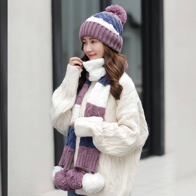 Women's Warm Winter Knitted Beanies Hat+Scarf+Gloves Three Piece Suit Bonnet Beanie Caps - Starttech Online Market