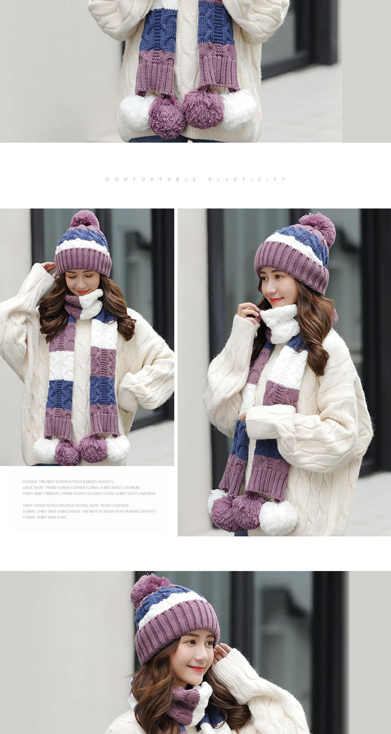 Women's Warm Winter Knitted Beanies Hat+Scarf+Gloves Three Piece Suit Bonnet Beanie Caps - Starttech Online Market