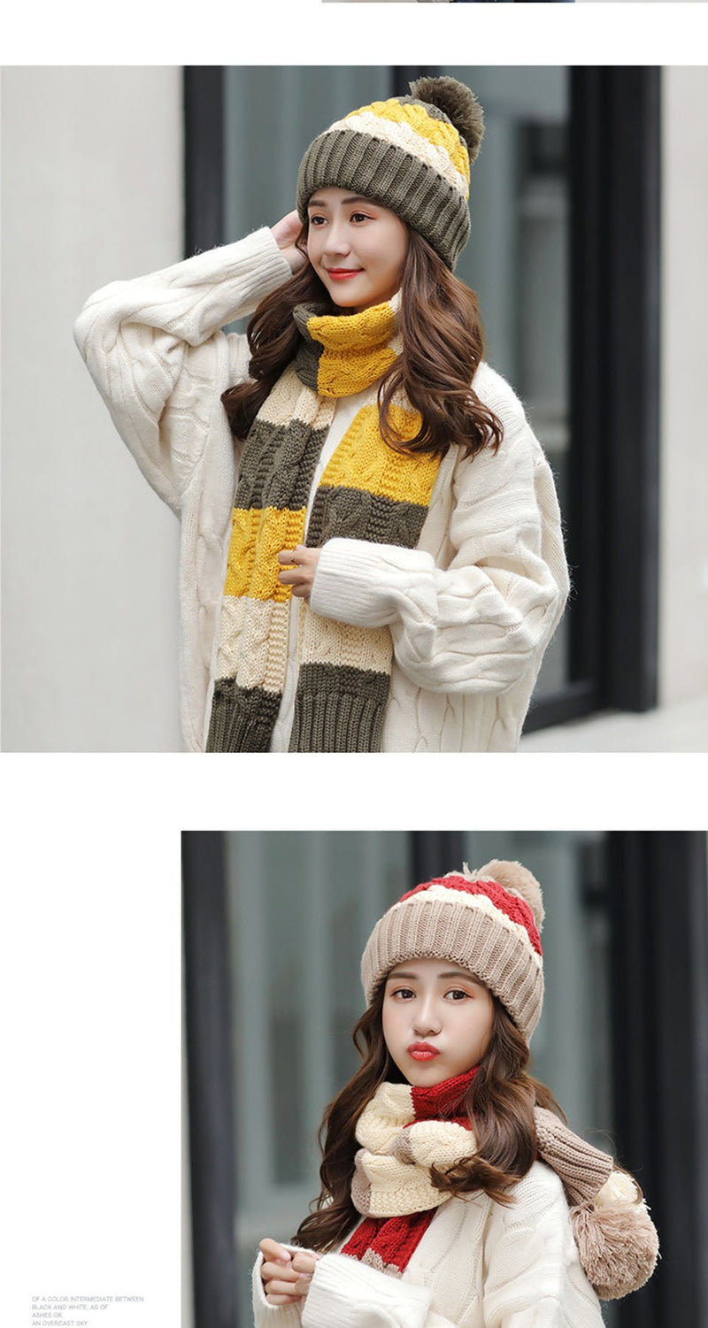 Women's Warm Winter Knitted Beanies Hat+Scarf+Gloves Three Piece Suit Bonnet Beanie Caps - Starttech Online Market