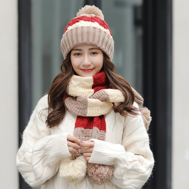 Women's Warm Winter Knitted Beanies Hat+Scarf+Gloves Three Piece Suit Bonnet Beanie Caps - Starttech Online Market