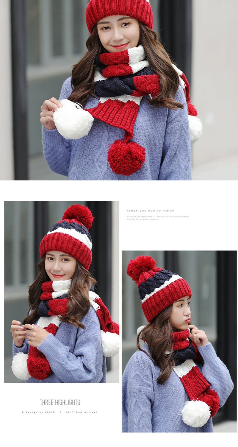 Women's Warm Winter Knitted Beanies Hat+Scarf+Gloves Three Piece Suit Bonnet Beanie Caps - Starttech Online Market