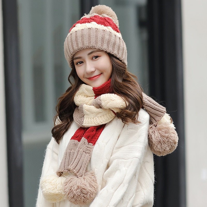 Women's Warm Winter Knitted Beanies Hat+Scarf+Gloves Three Piece Suit Bonnet Beanie Caps - Starttech Online Market