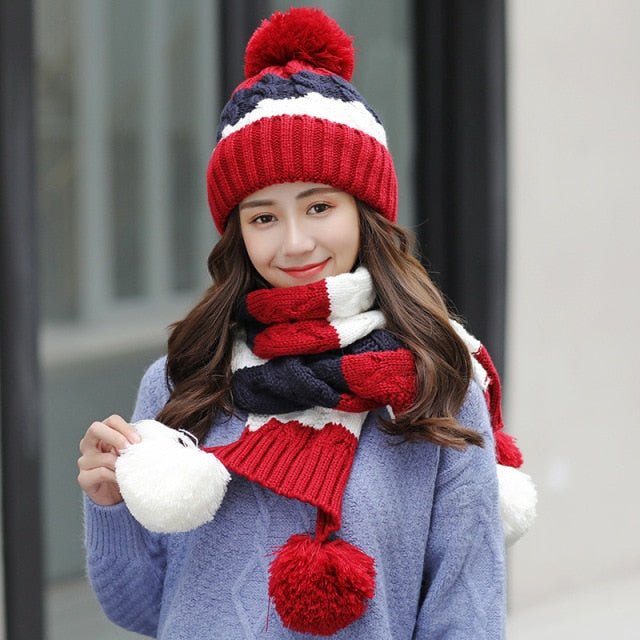 Women's Warm Winter Knitted Beanies Hat+Scarf+Gloves Three Piece Suit Bonnet Beanie Caps - Starttech Online Market