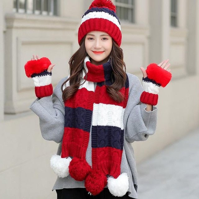 Women's Warm Winter Knitted Beanies Hat+Scarf+Gloves Three Piece Suit Bonnet Beanie Caps - Starttech Online Market