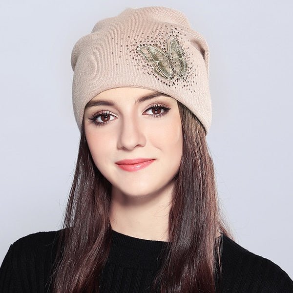 Wool Vogue Butterfly Rhinestones High Quality Autumn Winter Knitted Beanie Female Hats - Starttech Online Market