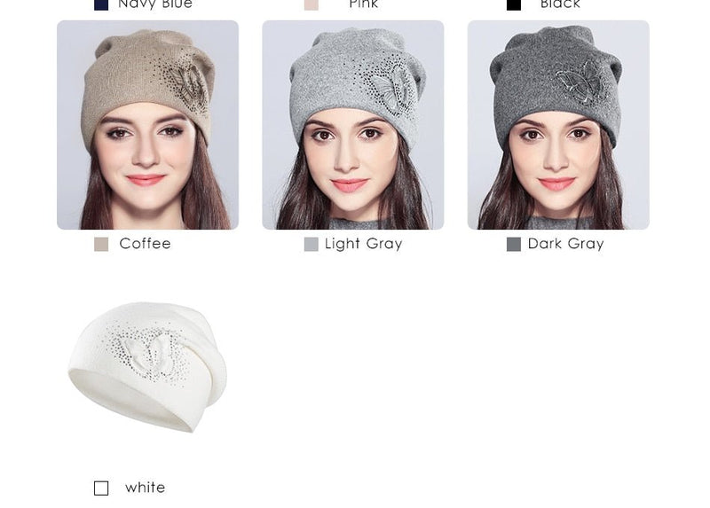 Wool Vogue Butterfly Rhinestones High Quality Autumn Winter Knitted Beanie Female Hats - Starttech Online Market