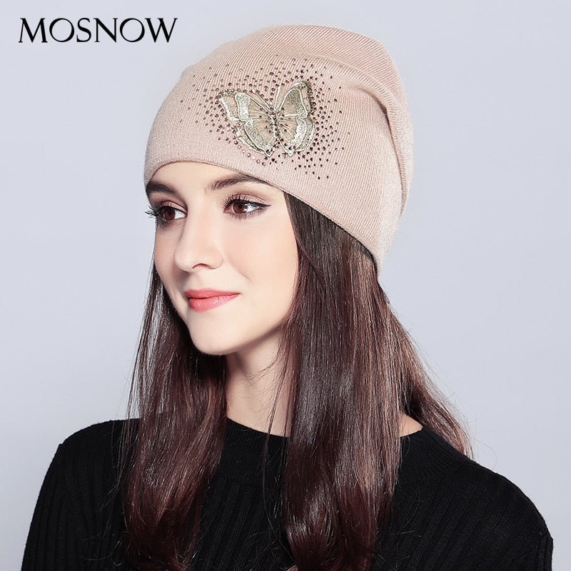 Wool Vogue Butterfly Rhinestones High Quality Autumn Winter Knitted Beanie Female Hats - Starttech Online Market