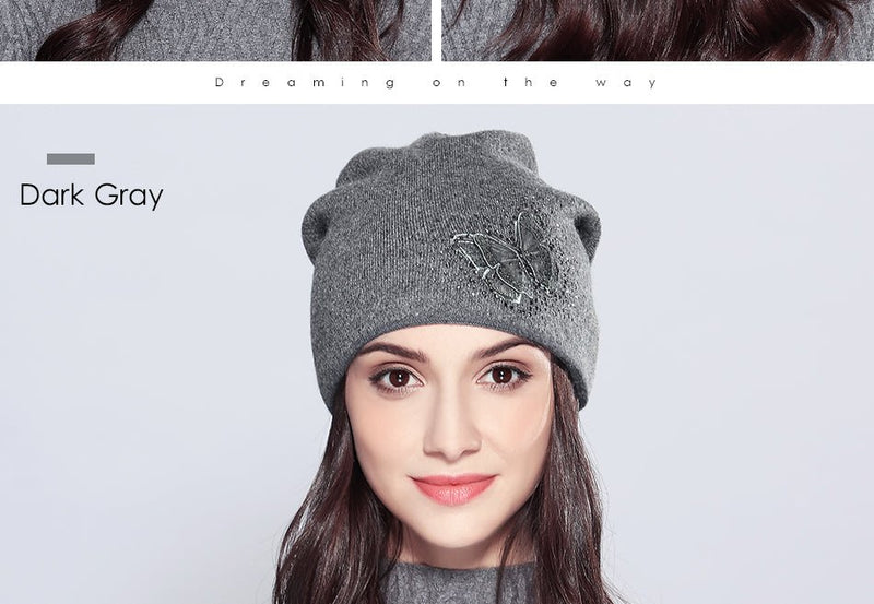 Wool Vogue Butterfly Rhinestones High Quality Autumn Winter Knitted Beanie Female Hats - Starttech Online Market