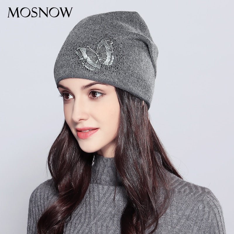 Wool Vogue Butterfly Rhinestones High Quality Autumn Winter Knitted Beanie Female Hats - Starttech Online Market