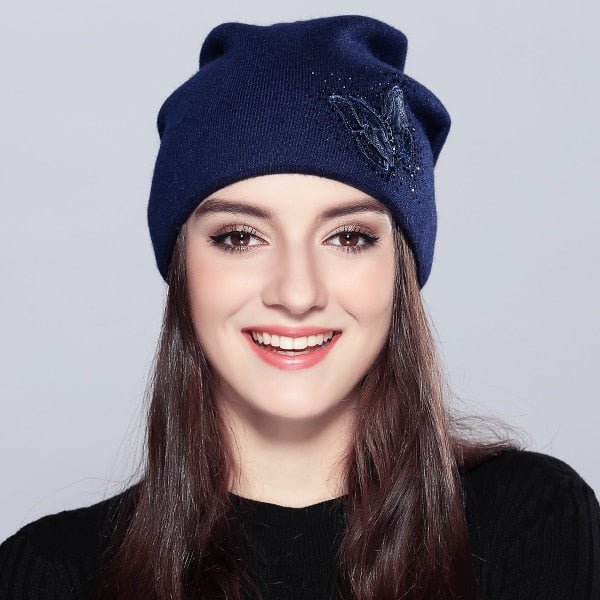 Wool Vogue Butterfly Rhinestones High Quality Autumn Winter Knitted Beanie Female Hats - Starttech Online Market