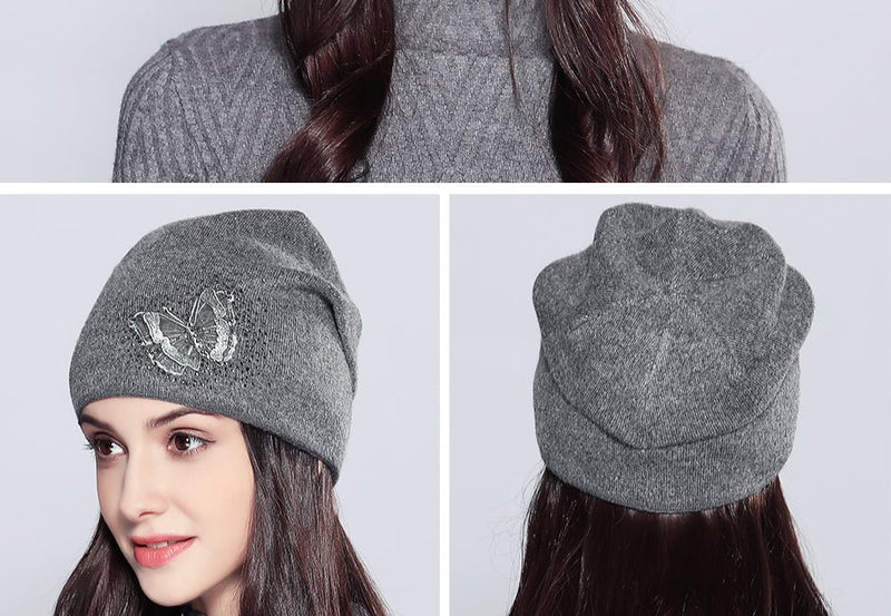 Wool Vogue Butterfly Rhinestones High Quality Autumn Winter Knitted Beanie Female Hats - Starttech Online Market