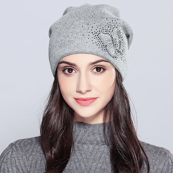 Wool Vogue Butterfly Rhinestones High Quality Autumn Winter Knitted Beanie Female Hats - Starttech Online Market