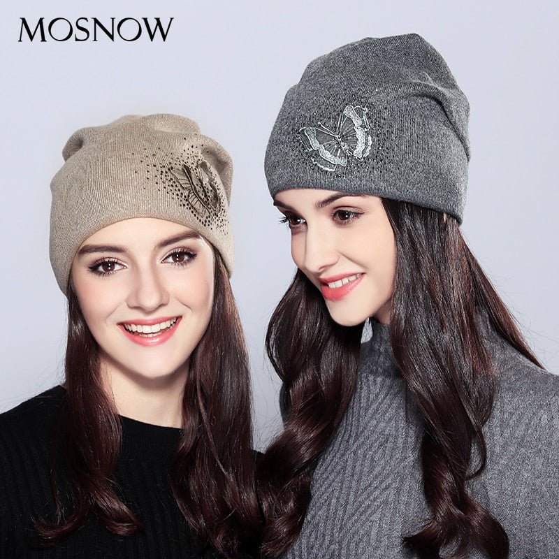 Wool Vogue Butterfly Rhinestones High Quality Autumn Winter Knitted Beanie Female Hats - Starttech Online Market