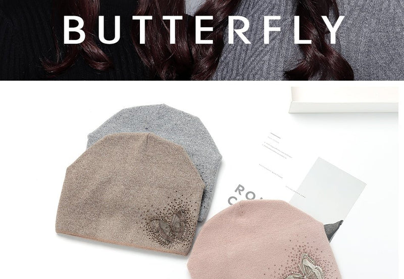 Wool Vogue Butterfly Rhinestones High Quality Autumn Winter Knitted Beanie Female Hats - Starttech Online Market